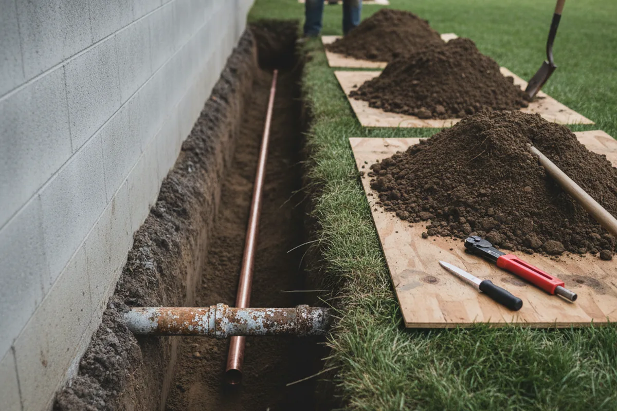 Excavated water line trench during Water Softener Installation in Robertsville
